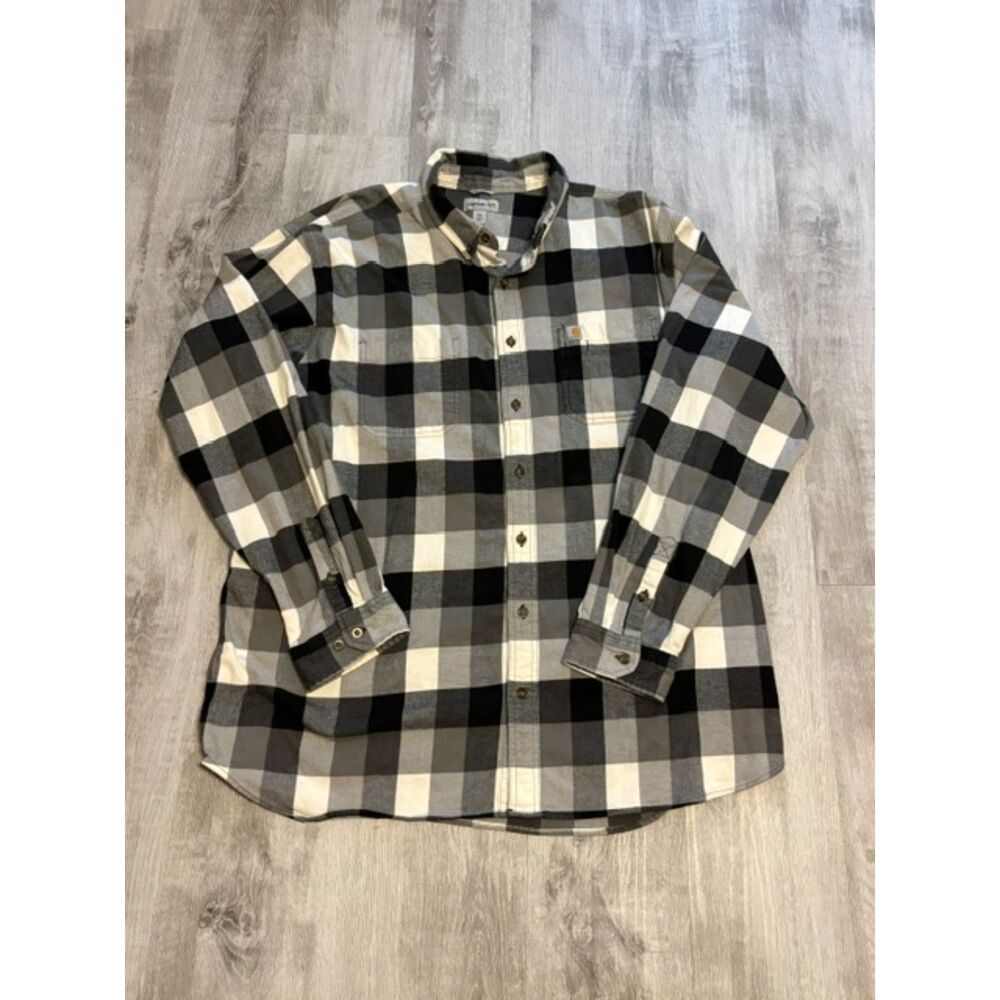 Carhartt Gray/Black/White Plaid Flannel Button Down Long Sleeve Shirt Men's 3XL